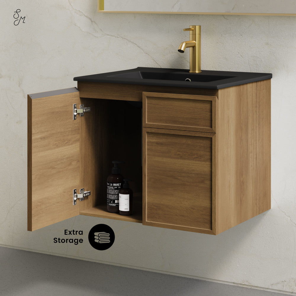 St. Tropez 24" Wall-Mounted Bathroom Vanity in Brown Oak with Black Sink Top
