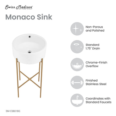 Monaco 16.5" Round Console Sink, White Basin Brushed Gold Legs