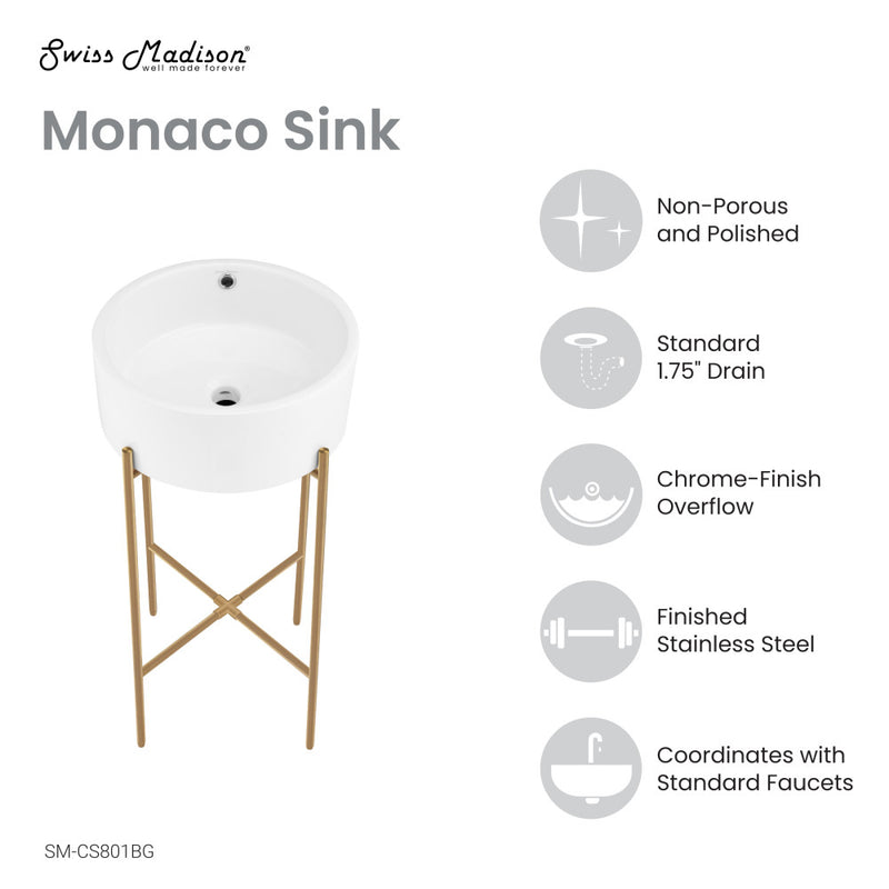 Monaco 16.5" Round Console Sink, White Basin Brushed Gold Legs