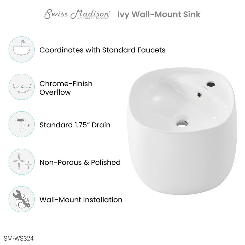 Ivy 18 in. Ceramic Glossy White Wall Mount Sink