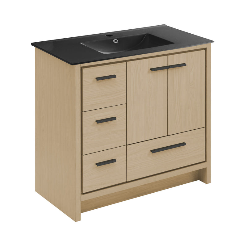 Virage 36 in. Brown Oak Bathroom Vanity With Black Ceramic Sink Top