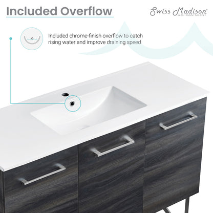48-inch freestanding bathroom vanity in black walnut with single integrated sink and chrome handles.