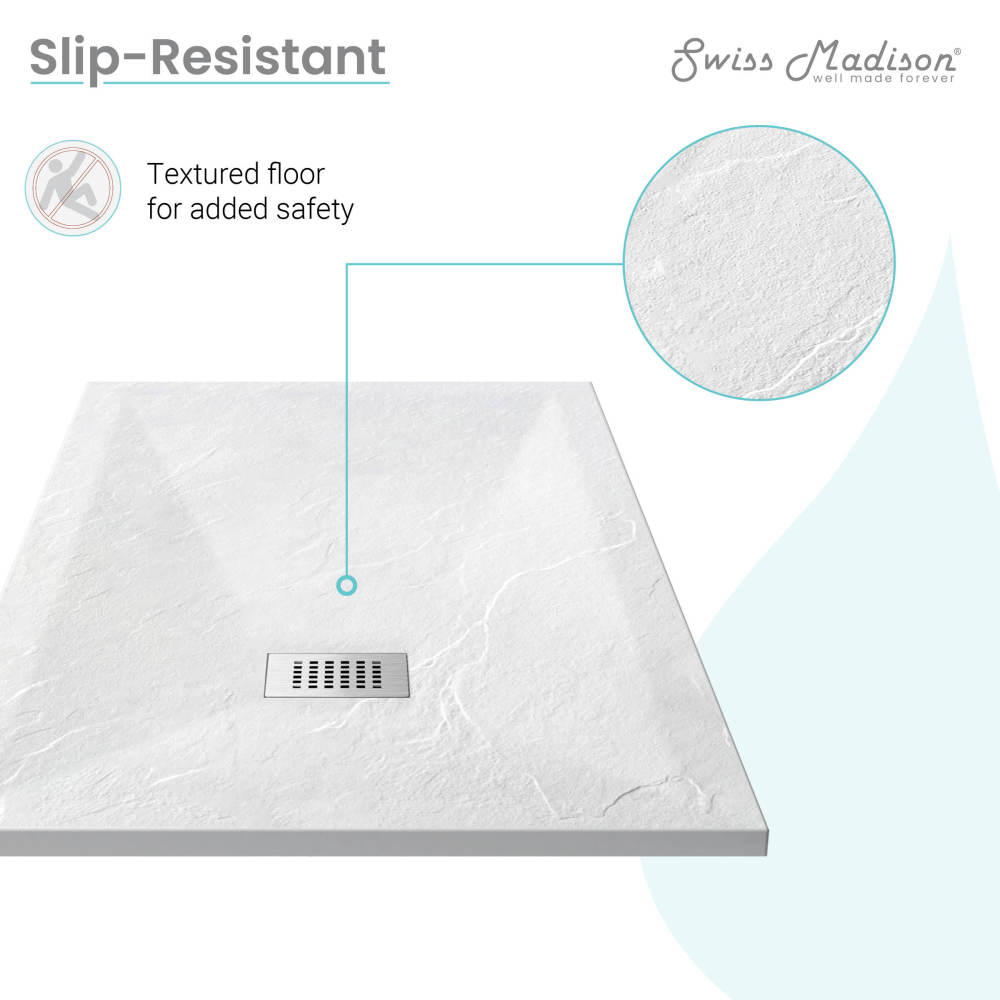 60" x 32" white shower base with reversible drain and textured slip-resistant floor surface.