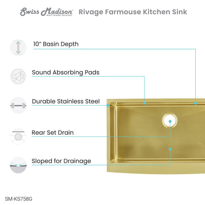 Rivage 33 x 21 Stainless Steel, Single Basin, Farmhouse Kitchen Sink with Apron in Gold