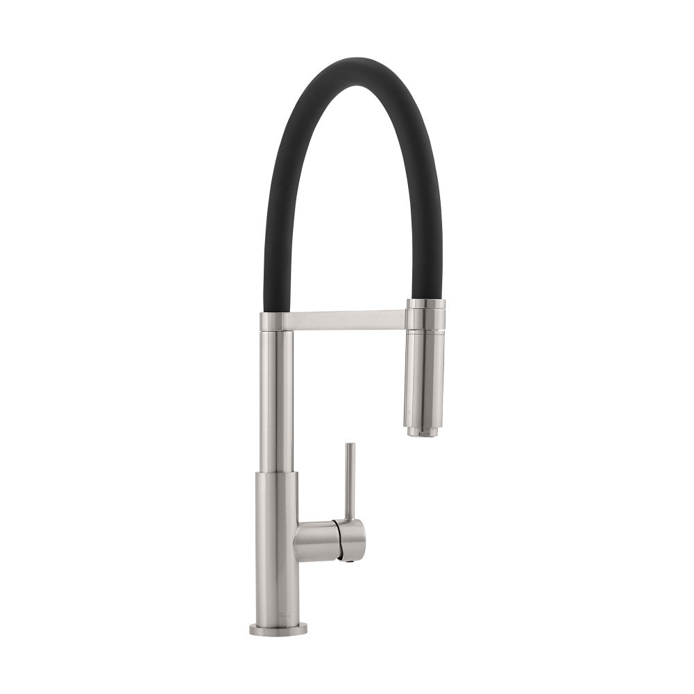 Single handle pull-down kitchen faucet in brushed nickel with black flexible hose.