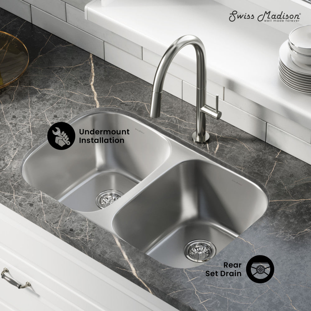 Toulouse 32 x 19 Low Divide Stainless Steel, Dual Basin, Under-Mount Kitchen Sink