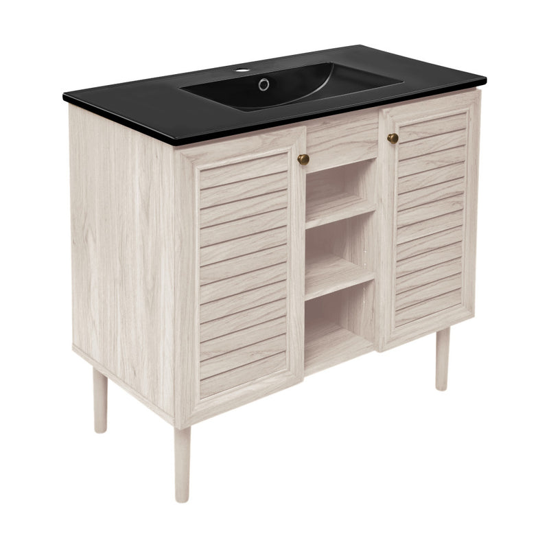 Bron 36" Freestanding Bathroom Vanity in White Oak with Black Sink Top