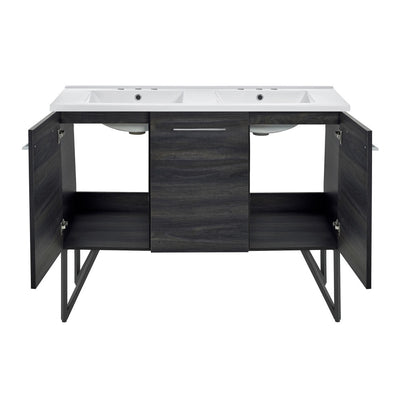 Annecy 48 in. Black Walnut, Double Basin Bathroom Vanity With White, 3-Hole Ceramic Sink Top