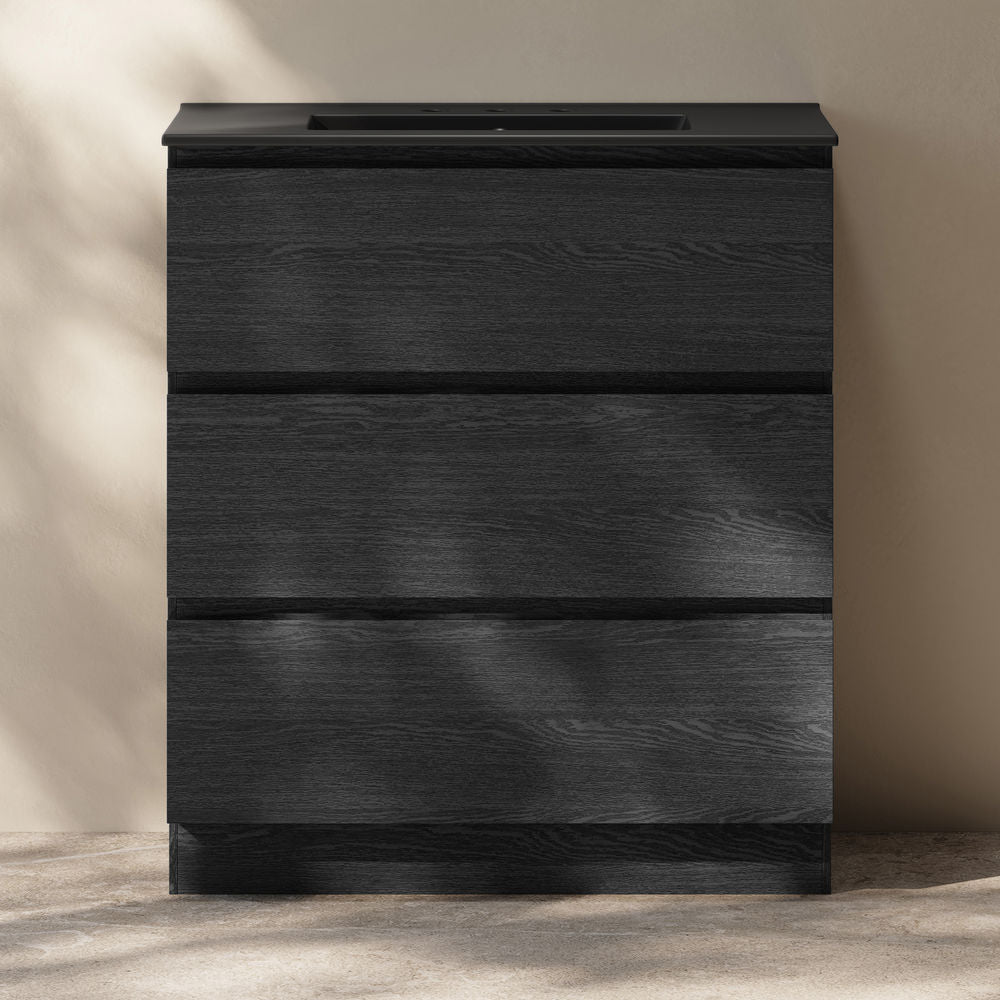 Liberte 30" Freestanding Bathroom Vanity in Black Oak with Black 3-Hole Widespread Sink Top