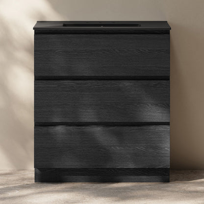 Liberte 30" Freestanding Bathroom Vanity in Black Oak with Black 3-Hole Widespread Sink Top