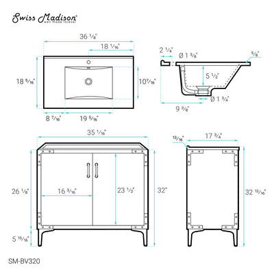 Voltaire 36" Single, Bathroom Vanity in White with Gold Hardware