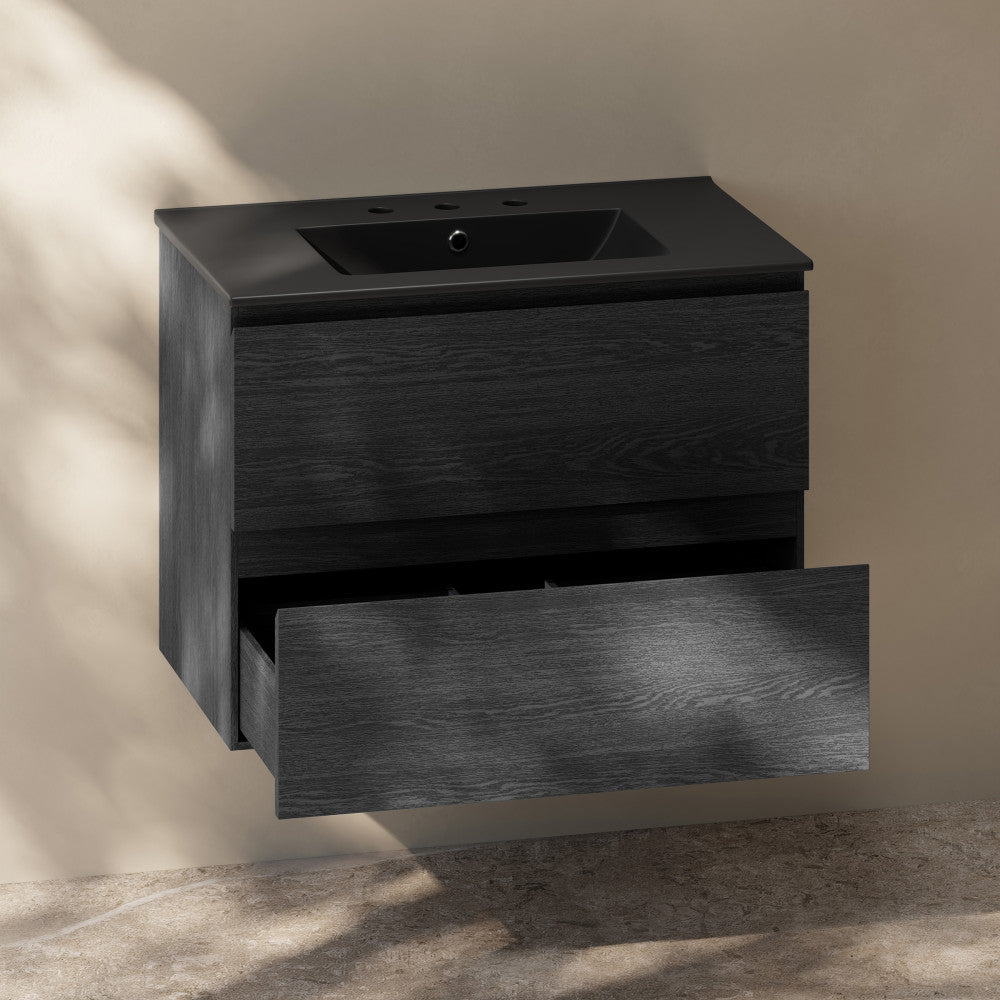 Liberte 30" Wall-Mounted Bathroom Vanity in Black Oak with Black 3-Hole Widespread Sink Top