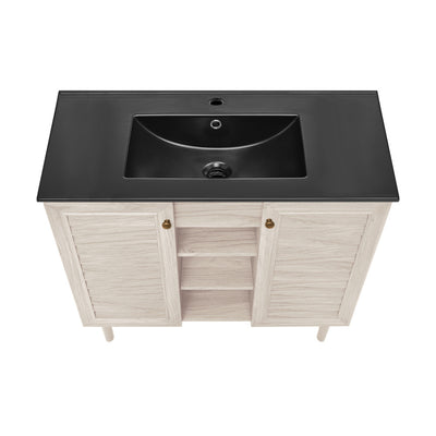 Bron 36" Freestanding Bathroom Vanity in White Oak with Black Sink Top