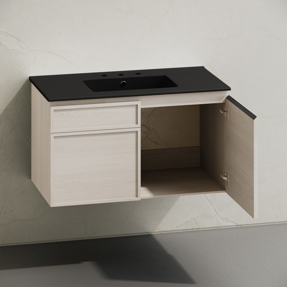 St. Tropez 36" Wall-Mounted Bathroom Vanity in White Oak with Black 3-Hole Widespread Sink Top