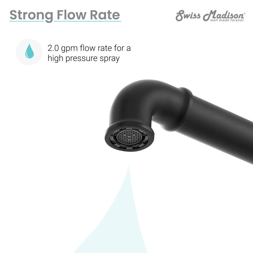 Widespread kitchen faucet in matte black with side sprayer and high pressure spray aerator.