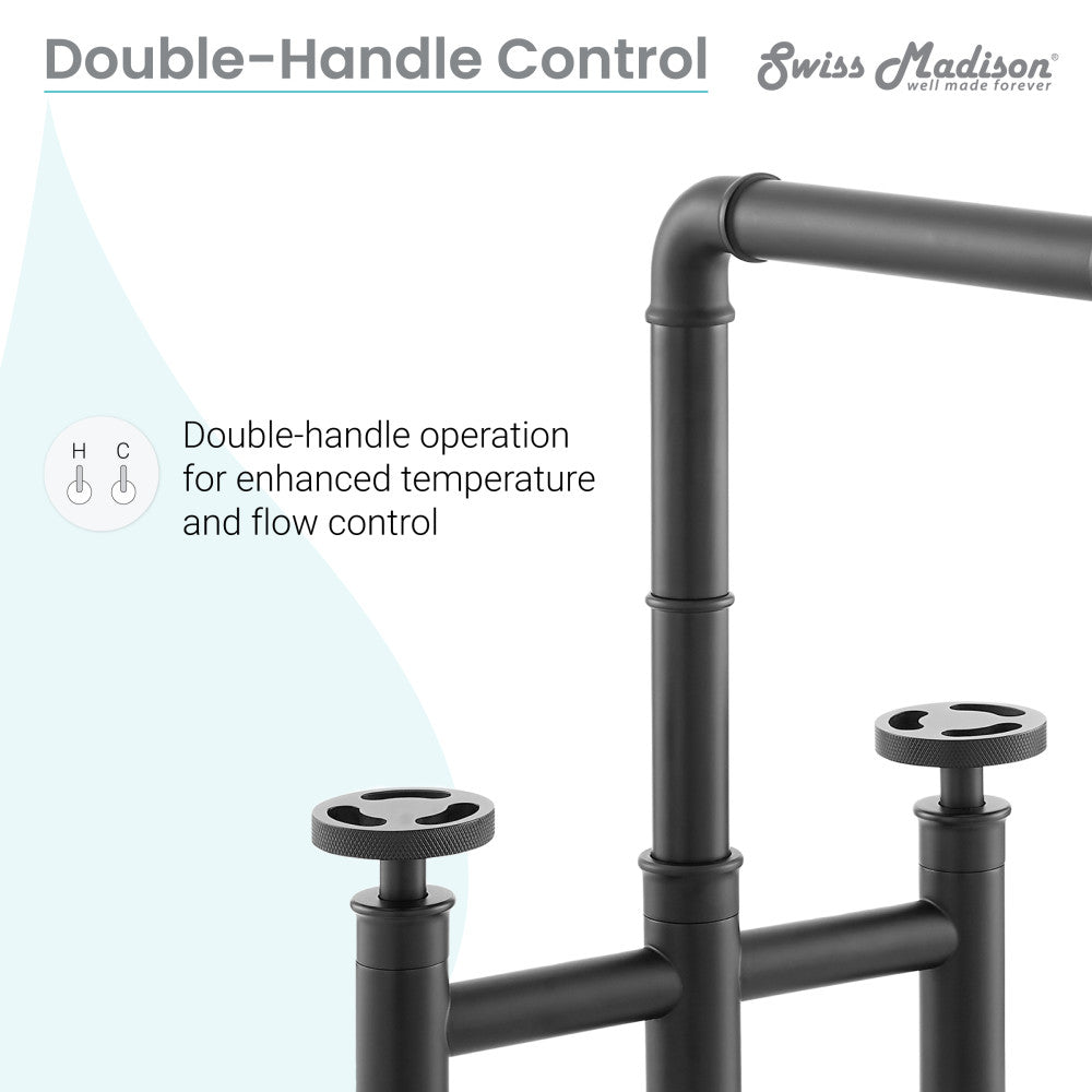 Widespread kitchen faucet in matte black with double-handle control and side sprayer.