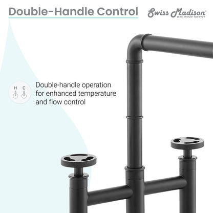 Widespread kitchen faucet in matte black with double-handle control and side sprayer.