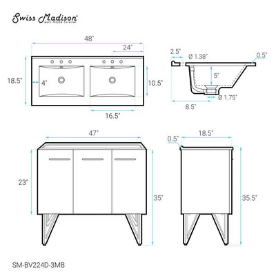 Annecy 48 in. Black Walnut, Double Basin Bathroom Vanity With Black, 3-Hole Ceramic Sink Top