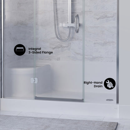 Aquatique 60" x 32" Single Threshold Shower Base With Right Hand Drain and Integral Left Hand Seat in White