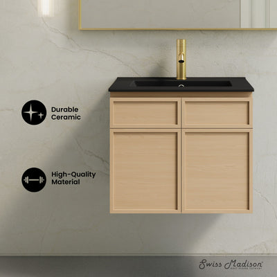 St. Tropez 24" Wall-Mounted Bathroom Vanity in Natural Oak with Black Sink Top