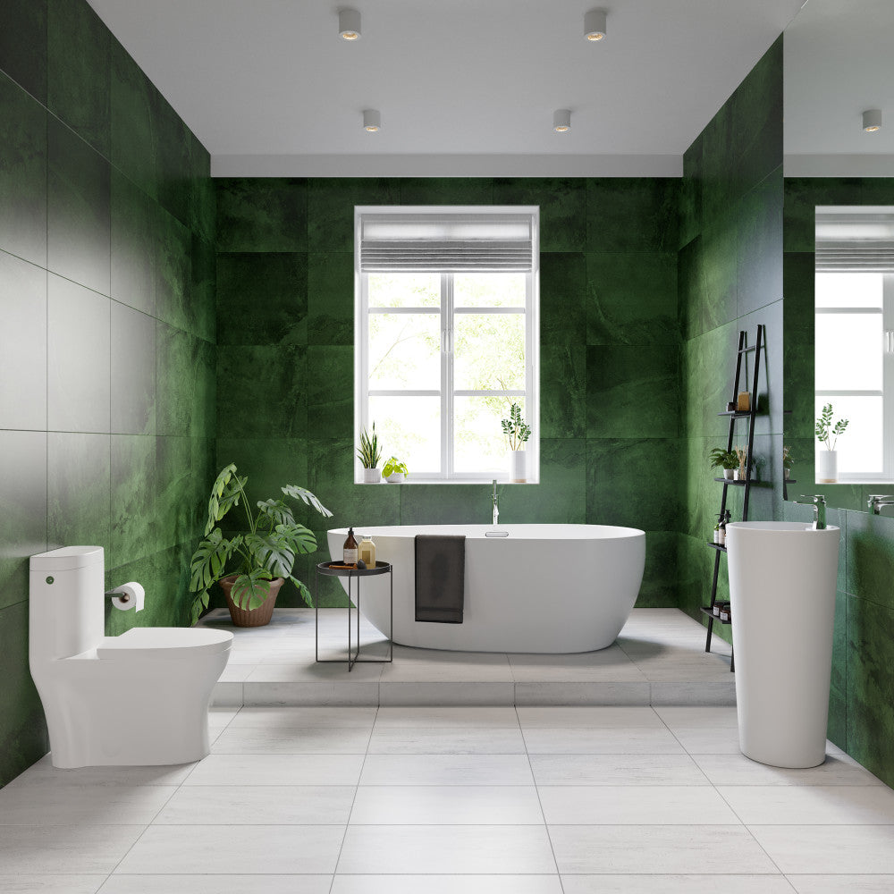 Elongated one-piece toilet with dual-flush and touchless feature in modern bathroom setting.