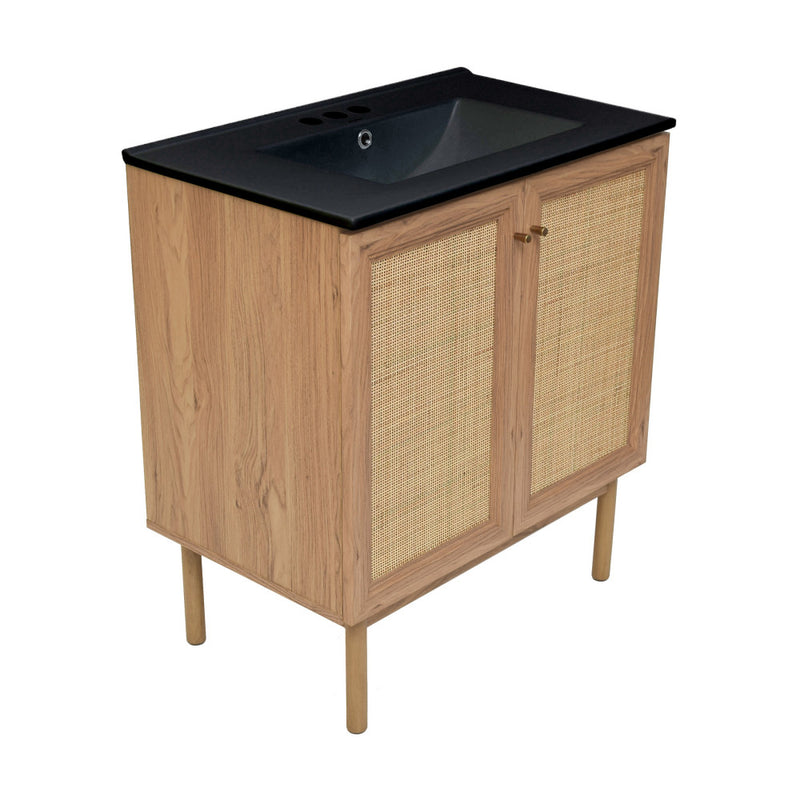 Classe 30 in. Brown Oak Bathroom Vanity With Black, 3-Hole Ceramic Sink Top