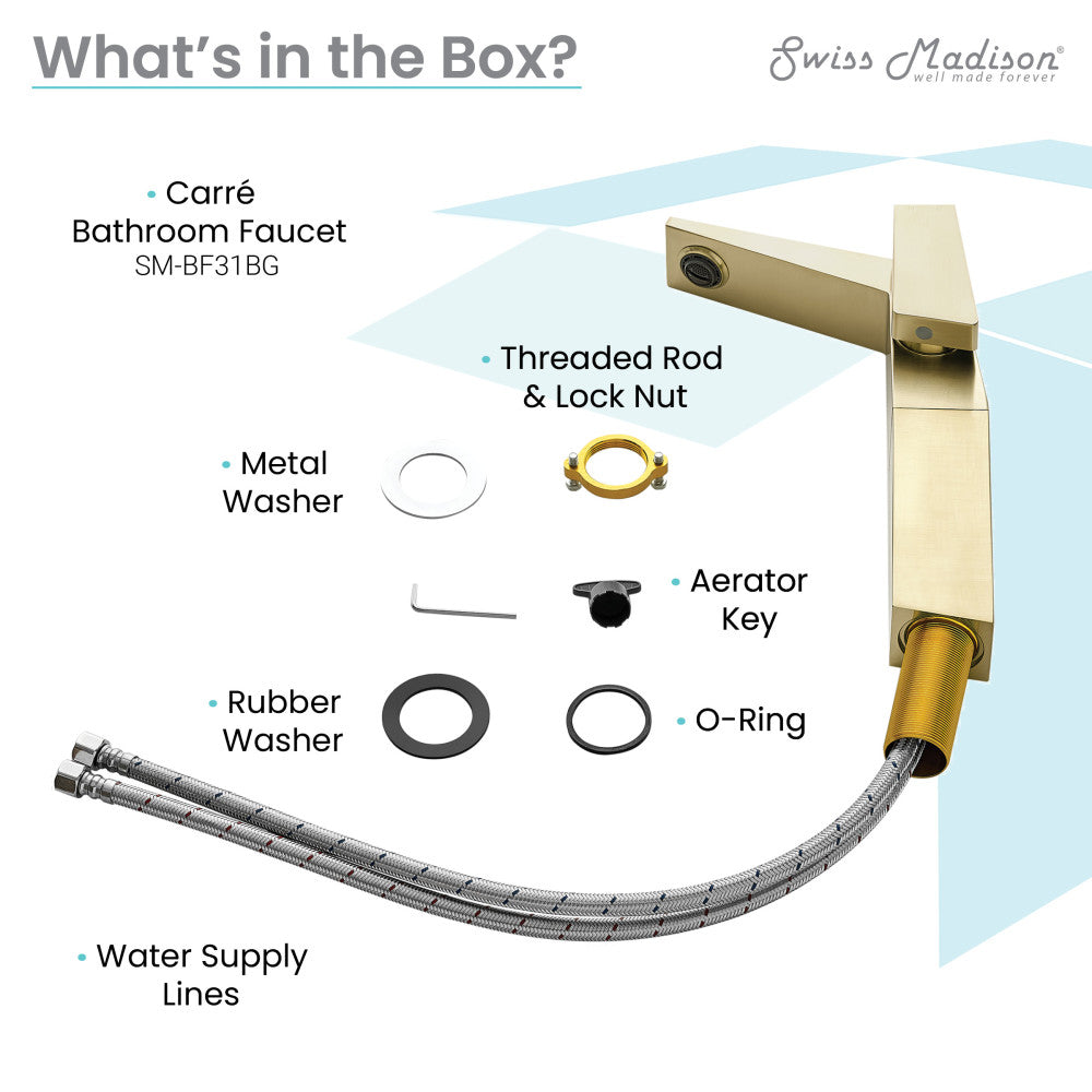 Single-handle high arc bathroom faucet in brushed gold with threaded rod and water supply lines.