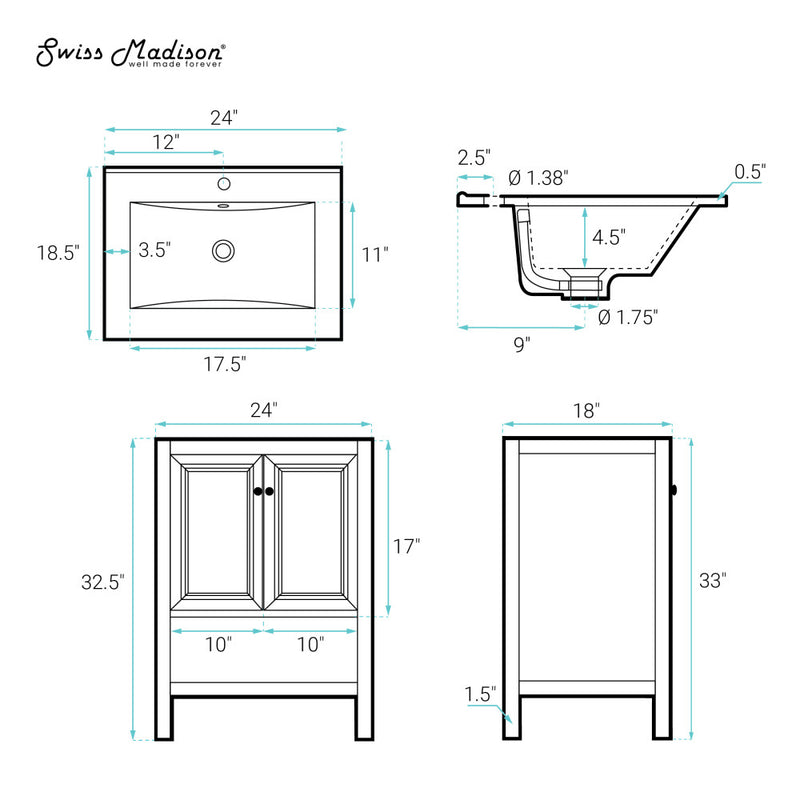 Château 24" Freestanding Bathroom Vanity in White Oak with Black Sink Top