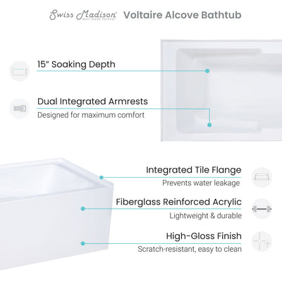Voltaire 60" x 32" Left-Hand Drain Alcove Bathtub with Apron and Armrest