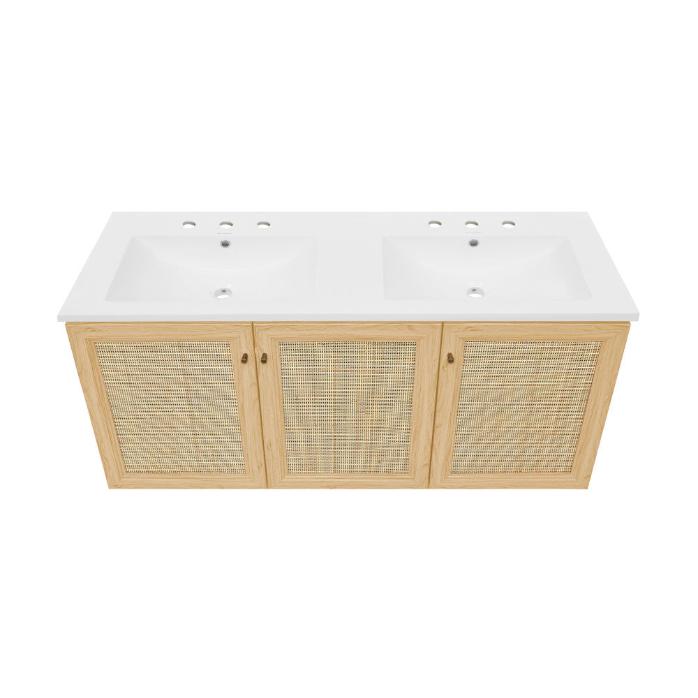 Classe 48" Wall-Mounted Bathroom Vanity in Natural Oak with 3-Hole Centerset Double Basin Sink Top