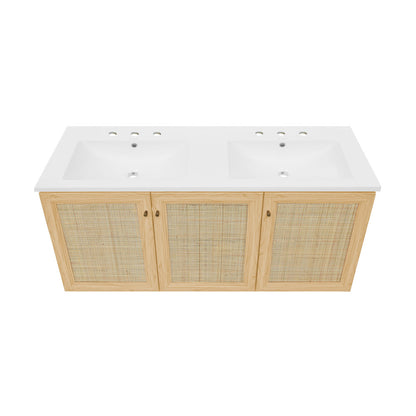 Classe 48" Wall-Mounted Bathroom Vanity in Natural Oak with 3-Hole Centerset Double Basin Sink Top