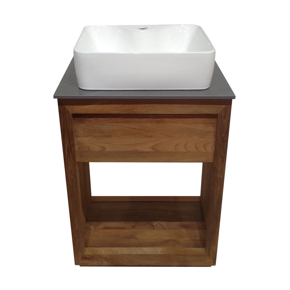 24-inch freestanding reclaimed walnut wood bathroom vanity with slate countertop and single hole vessel sink.