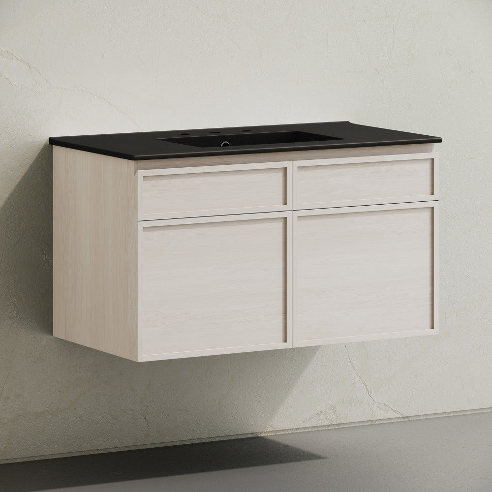St. Tropez 36" Wall-Mounted Bathroom Vanity in White Oak with Black 3-Hole Widespread Sink Top