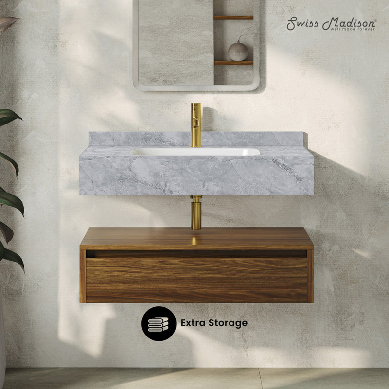 Avancer 36" Wall-Mounted Bathroom Vanity in Brown Oak with Storm Grey Sink Top