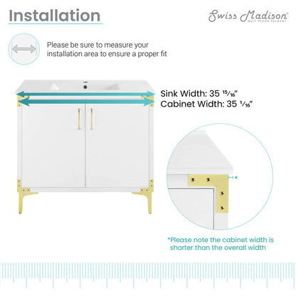 36-inch freestanding white bathroom vanity with single sink and gold-tone legs.