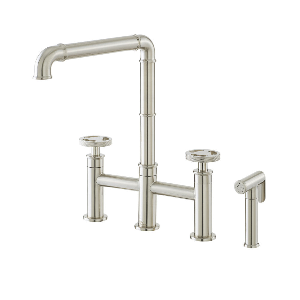 Widespread kitchen faucet with side sprayer in brushed nickel, high-arc spout.