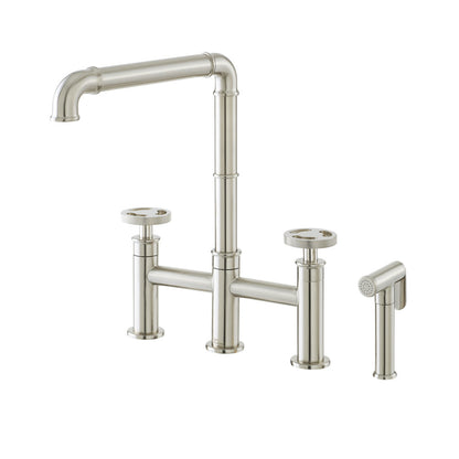 Widespread kitchen faucet with side sprayer in brushed nickel, high-arc spout.