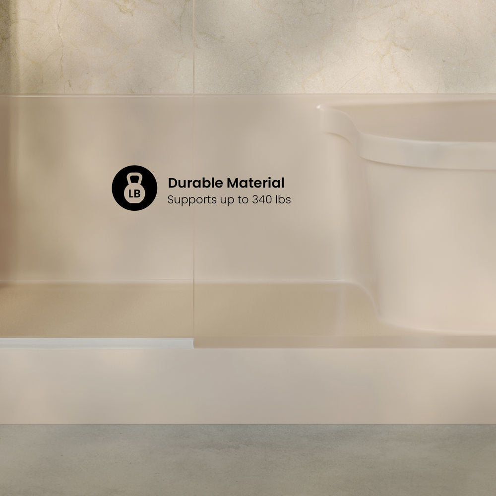 Aquatique 60" x 32" Single Threshold Shower Base With Left Hand Drain and Integral Right Hand Seat in Biscuit