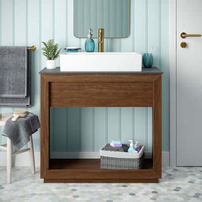 Rennes 36" Reclaimed Wood Vanity in Walnut with Slate Countertop and Single Hole Vessel Sink