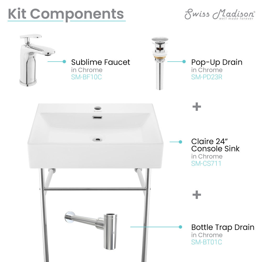 Claire 24" Rectangle Console Sink with Faucet, Drain, P-trap included, with Chrome Legs