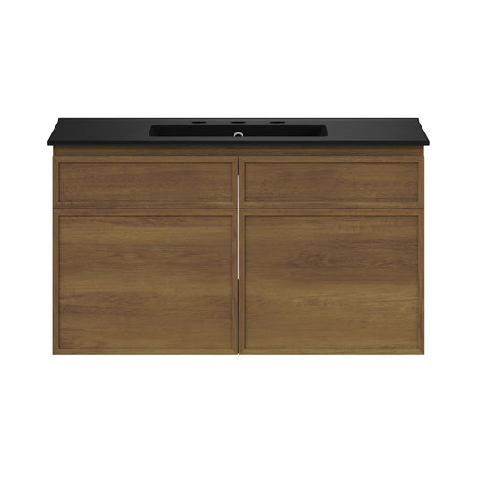 St. Tropez 36" Wall-Mounted Bathroom Vanity in Brown Oak with Black 3-Hole Widespread Sink Top