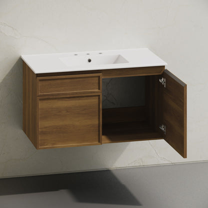 St. Tropez 36" Wall-Mounted Bathroom Vanity in Brown Oak with 3-Hole Widespread Sink Top