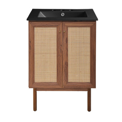 Classe 24 in. Brown Oak Bathroom Vanity With Black, 3-Hole Ceramic Sink Top