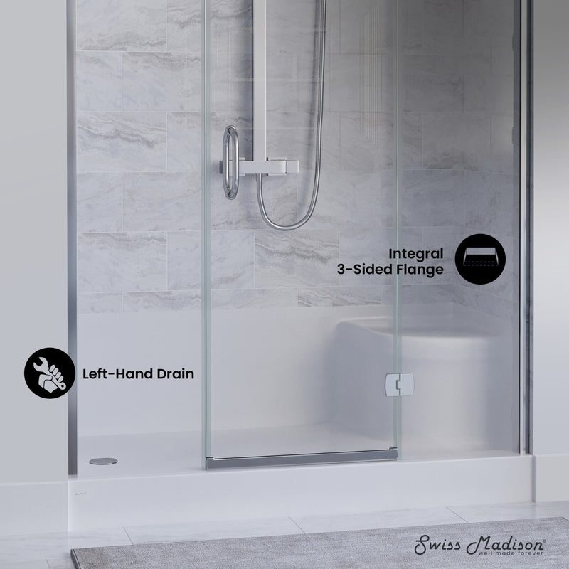 Aquatique 60" x 32" Single Threshold Shower Base With Left Hand Drain and Integral Right Hand Seat in White