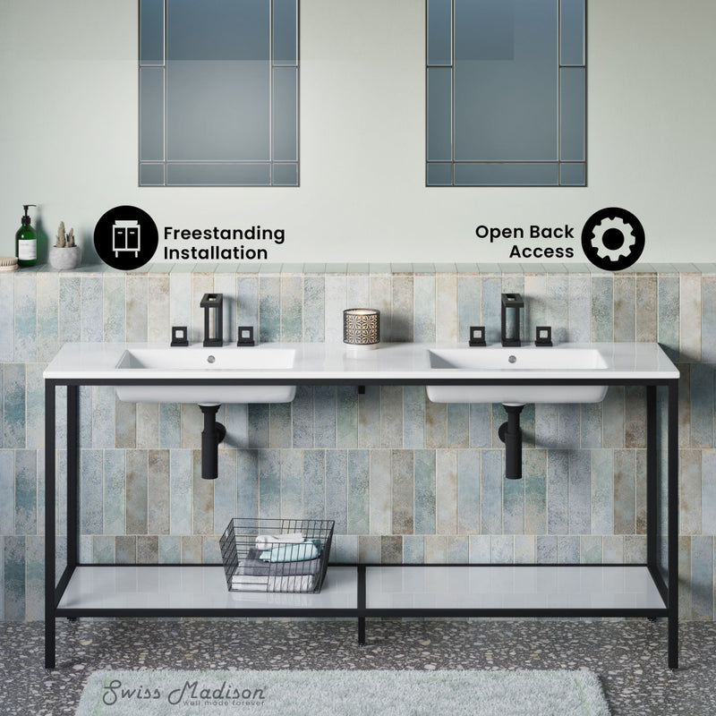 Pierre 72 Double, Freestanding, Open Shelf, Matte Black Metal Frame Bathroom Vanity