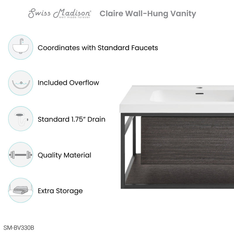Claire 30" Wall-Mounted Bathroom Vanity in Black Oak with Sink Top