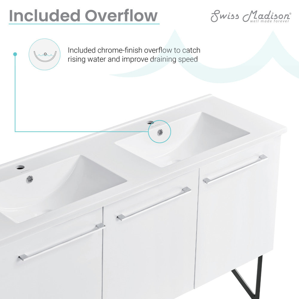 60-inch freestanding bathroom vanity in white with single integrated sink and chrome overflow.