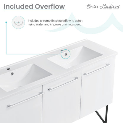 60-inch freestanding bathroom vanity in white with single integrated sink and chrome overflow.