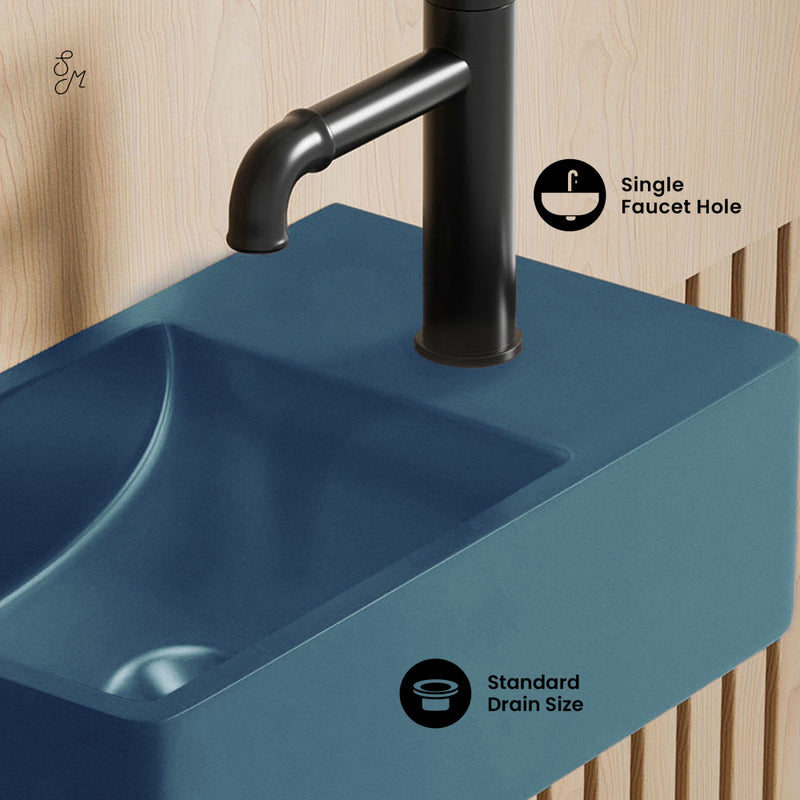 Lisse 16" Concrete Rectangle Wall-Mounted Sink with Right Side Faucet Mount in Matte Royal Blue