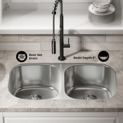Toulouse 32 x 18 Stainless Steel, Dual Basin, Under-Mount Kitchen Sink